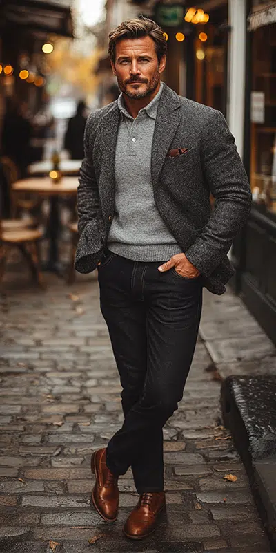 Outfit Unstructured-Blazer-Knitted-Polo-Dark-Jeans-Derby-Shoes