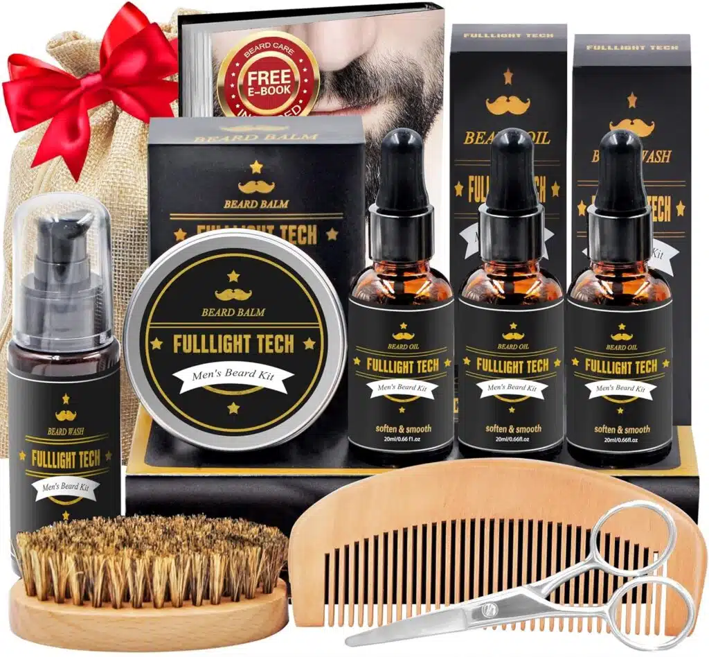 FULLLIGHT TECH Beard Kit for Men Grooming & Care W/3 Pack Beard Oil, Wash, Balm, Comb, and Brush
